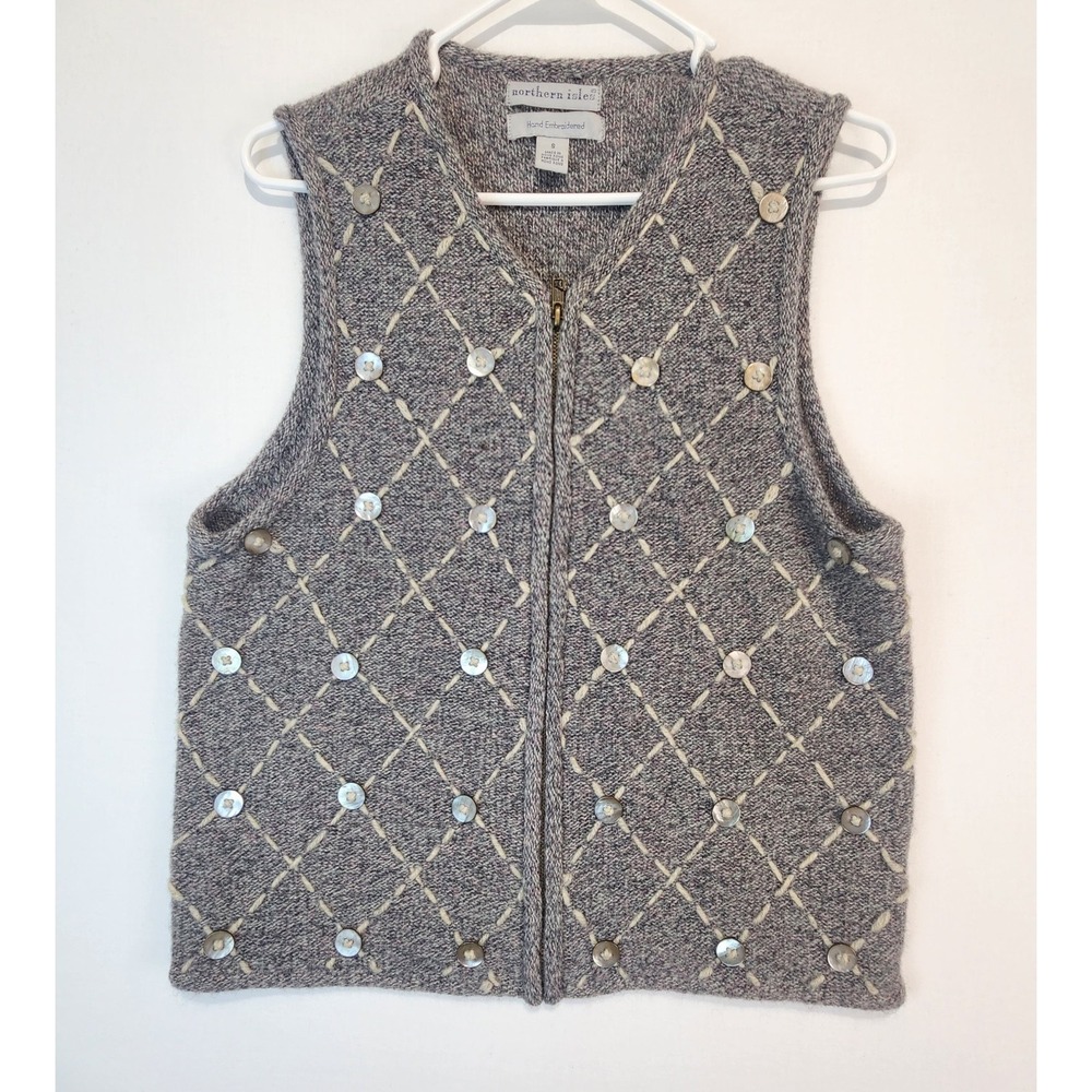 Northern Isles Hand Embroidered Women's‎ 100% Wool Cozy Knit Vest Gray Size S